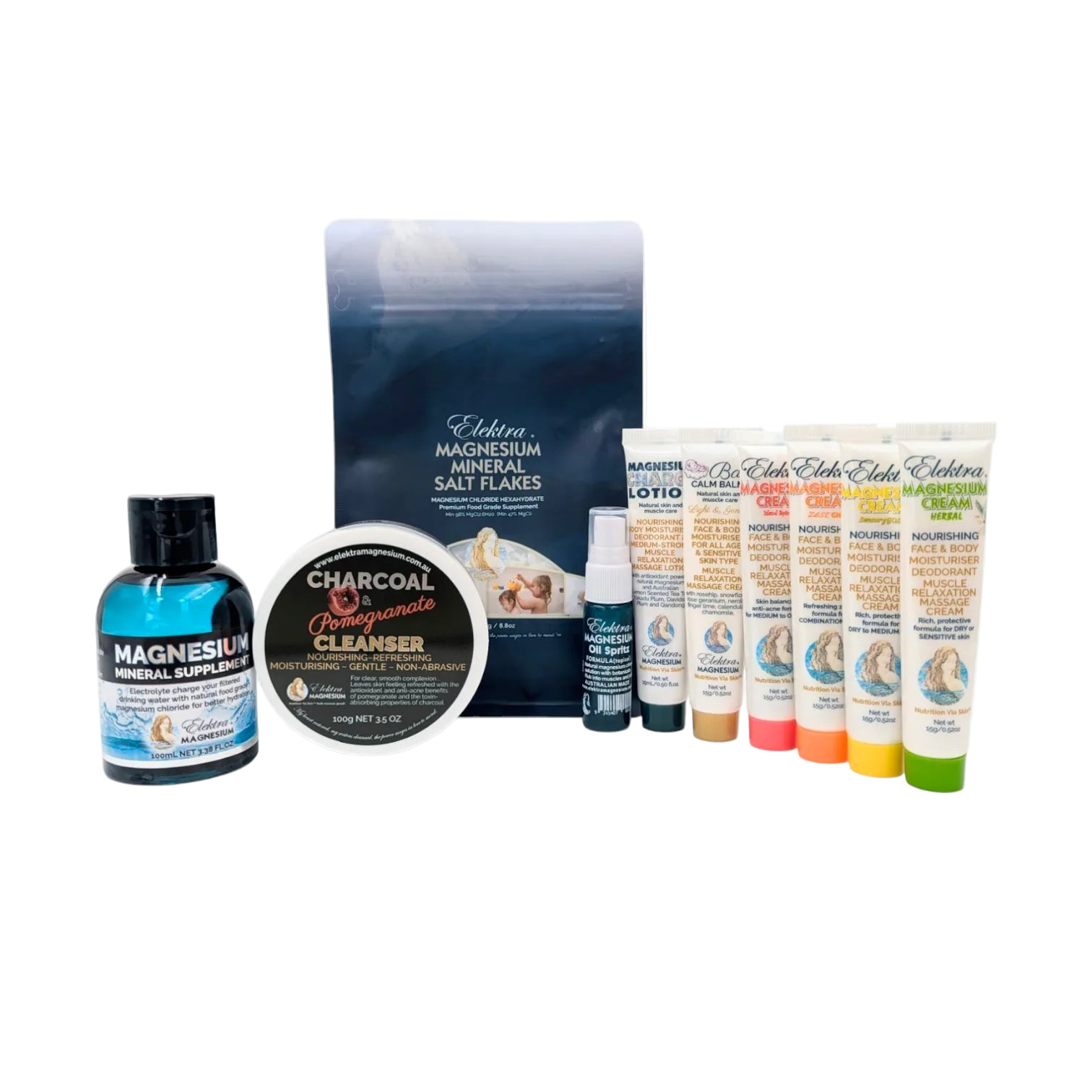 Collection of magnesium skincare and wellness products including bottles, jars, and bags