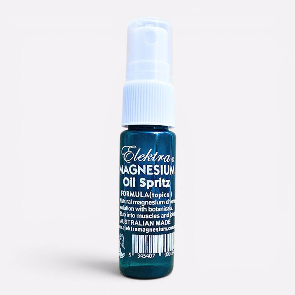 10ml sample blue bottle of high-strength Elektra Magnesium Oil Spritz for targeted muscle relief.