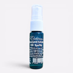 10ml sample blue bottle of high-strength Elektra Magnesium Oil Spritz for targeted muscle relief.