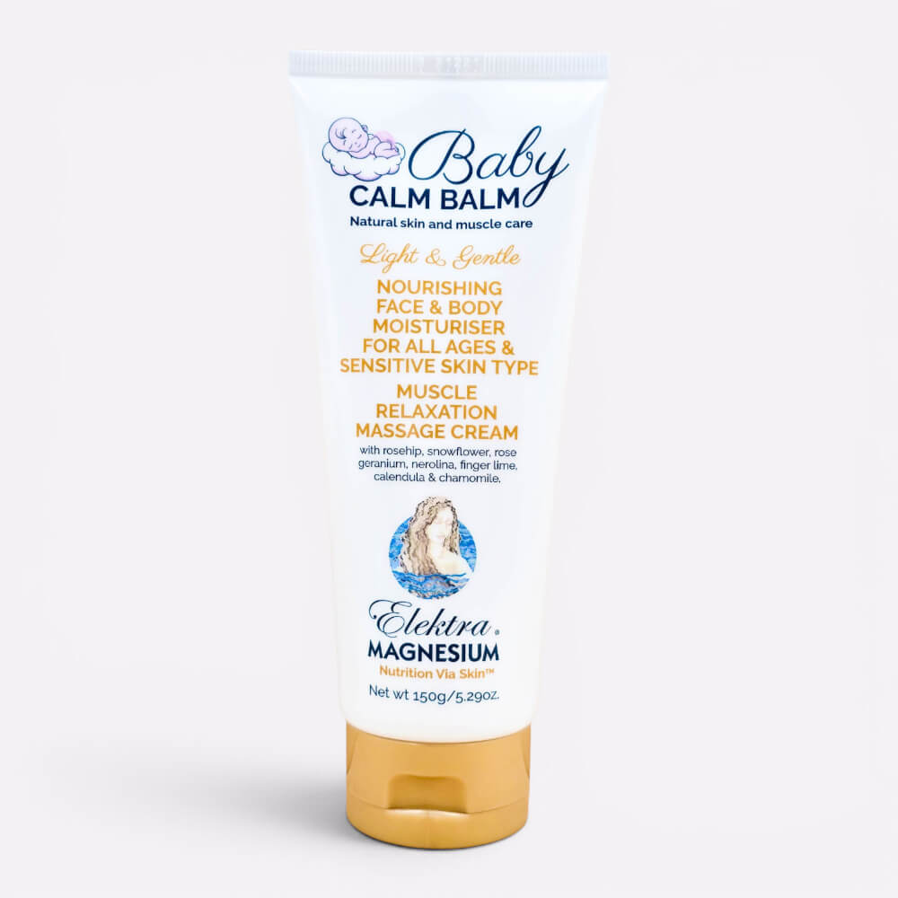 A 150g white and gold tube of Elektra Magnesium Baby Calm Balm