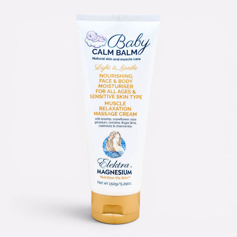 A 150g white and gold tube of Elektra Magnesium Baby Calm Balm