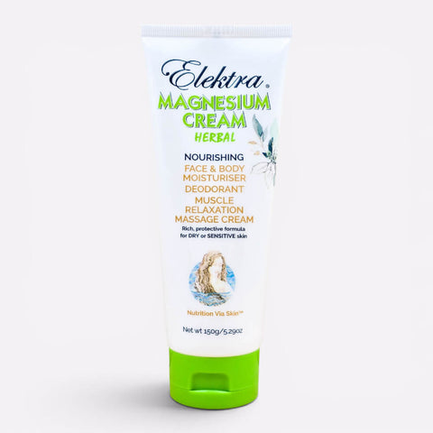 Elektra Magnesium Herbal Cream in a 150g tube, a mild magnesium formula for dry skin and muscle relaxation.