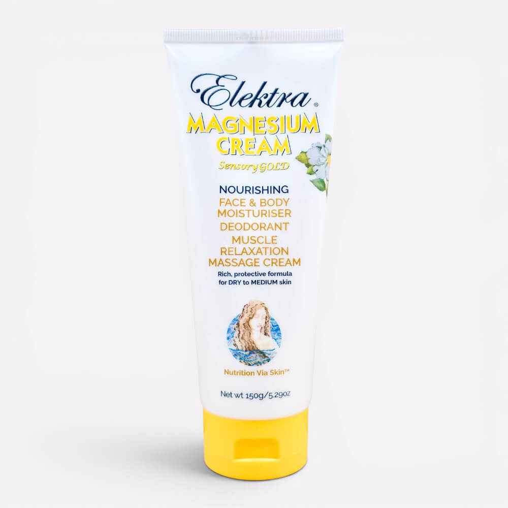 A 150g white and yellow tube of Elektra Magnesium Sensory Gold Cream
