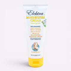 A 150g white and yellow tube of Elektra Magnesium Sensory Gold Cream