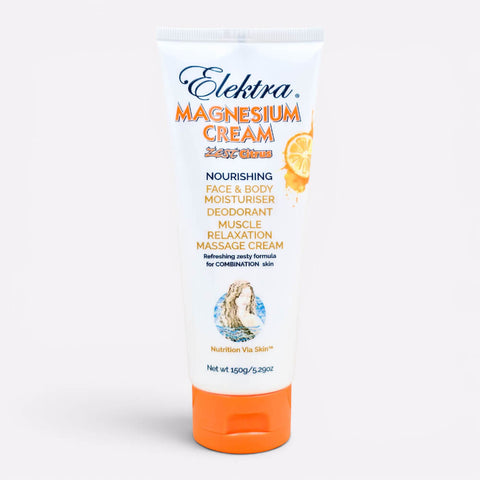 A 150g white and orange tube of Elektra Magnesium Zest Citrus Cream