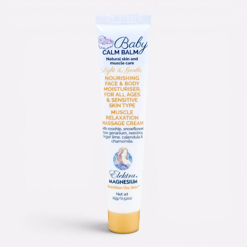 A 15g white and gold tube of Elektra Magnesium Baby Calm Balm