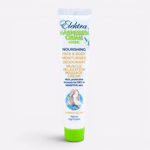 Elektra Magnesium Herbal Cream in a 15g sample tube, a mild magnesium formula for dry skin and muscle relaxation.