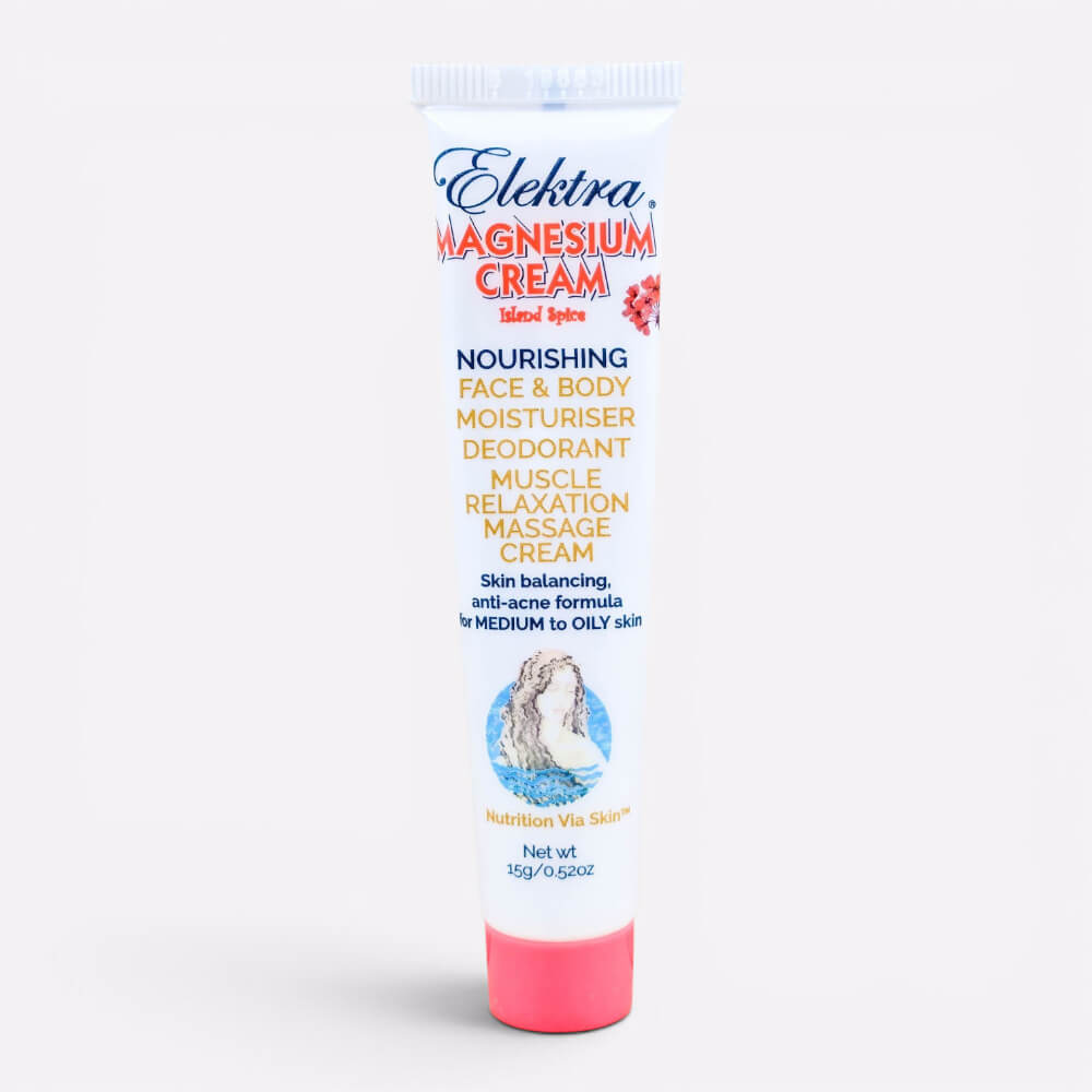A 15g white and pink tube of Elektra Magnesium Island Spice Cream