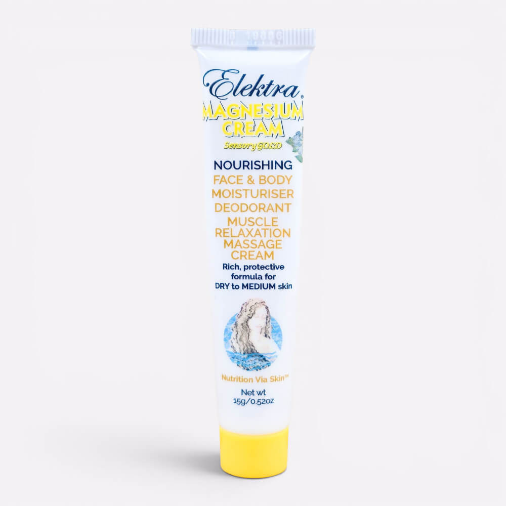 A 15g white and yellow tube of Elektra Magnesium Sensory Gold Cream