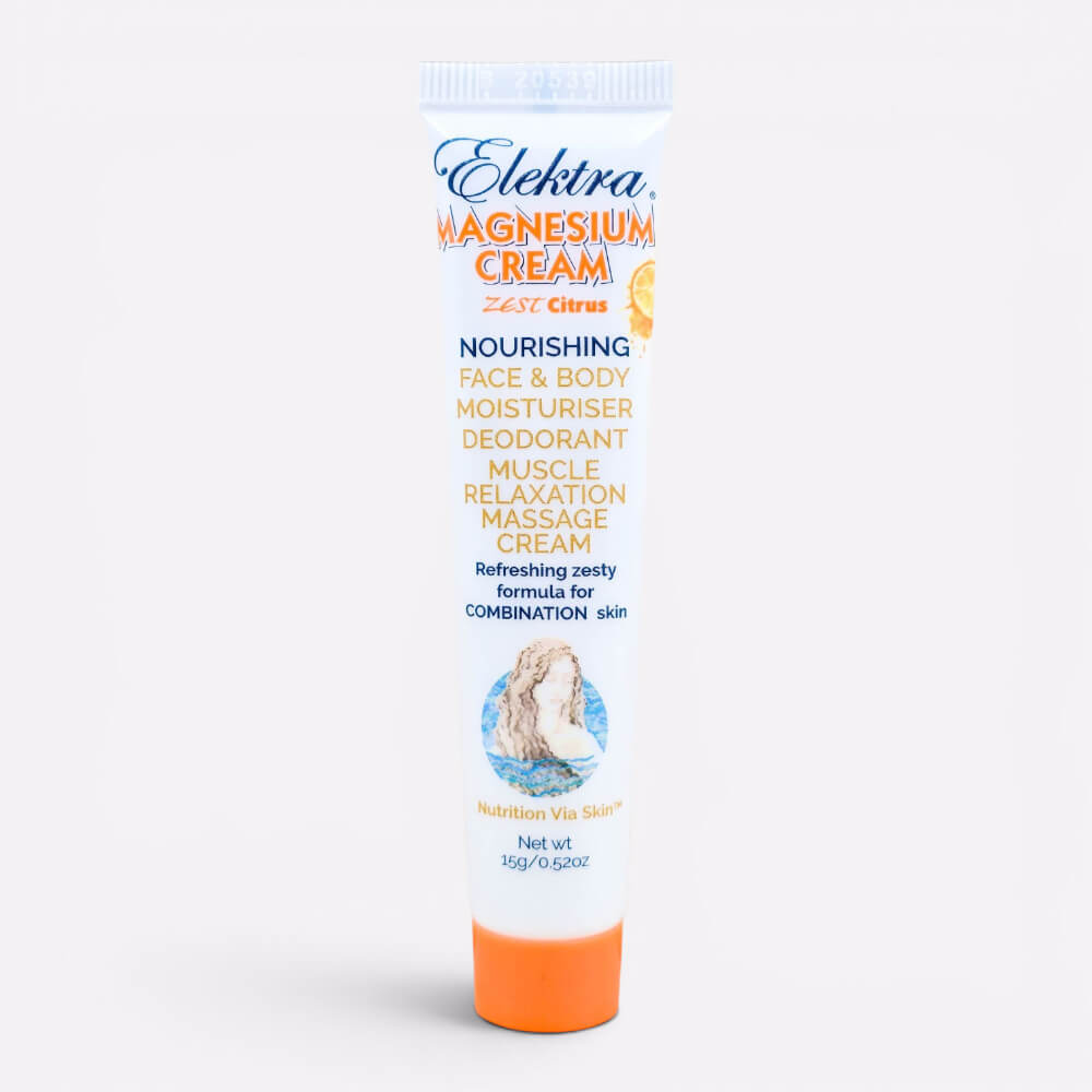 A 15g white and orange sample tube of Elektra Magnesium Zest Citrus Cream
