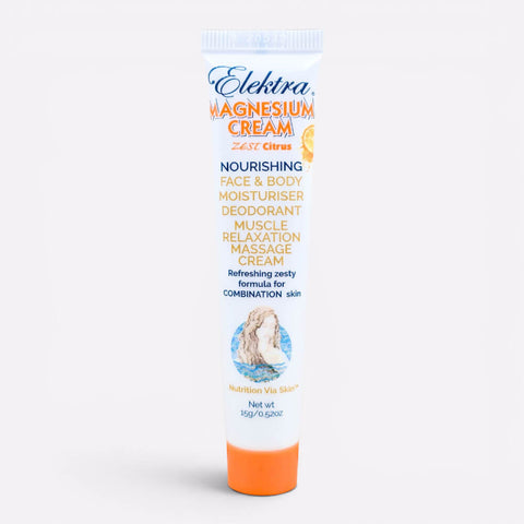 A 15g white and orange sample tube of Elektra Magnesium Zest Citrus Cream