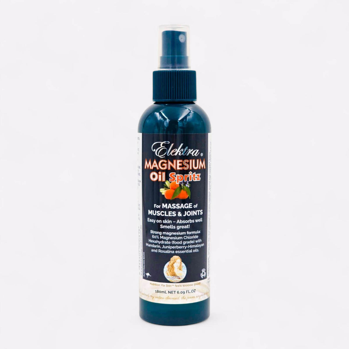 180ml blue bottle of high-strength Elektra Magnesium Oil Spritz for targeted muscle relief.