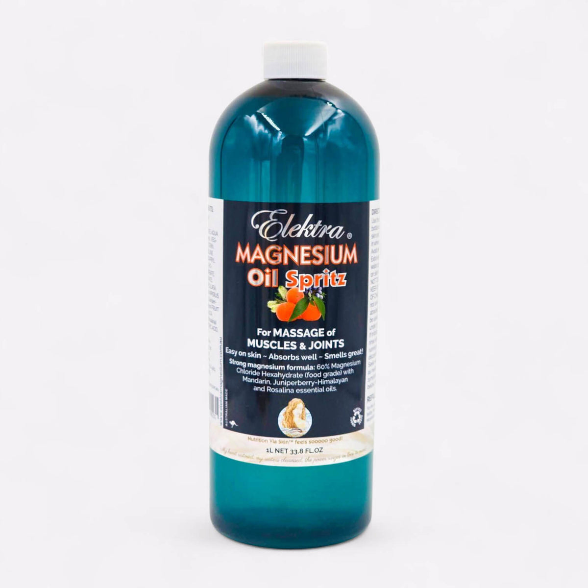 1L refill blue bottle of high-strength Elektra Magnesium Oil Spritz for targeted muscle relief.