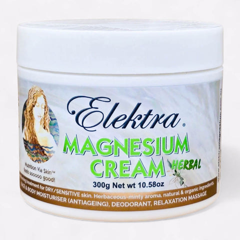 A white jar of Elektra Magnesium Herbal Cream, a natural anti-ageing moisturiser infused with 15% magnesium chloride.