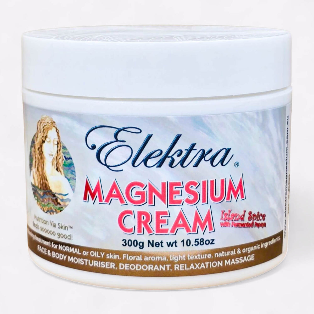A 300g white and pink jar of Elektra Magnesium Island Spice Cream
