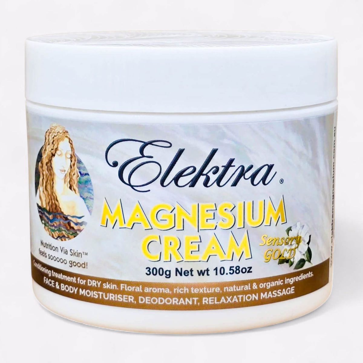 A 300g jar of Elektra Magnesium Sensory Gold Cream with a gold label.