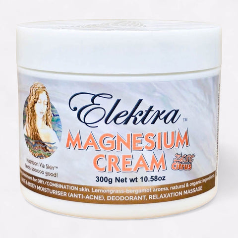 A 300g white and orange jar of Elektra Magnesium Zest Citrus Cream