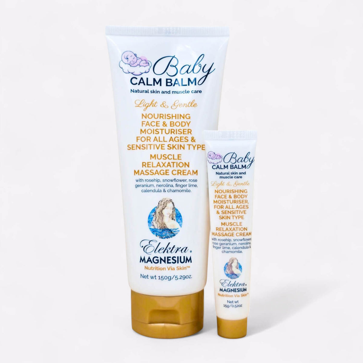 A 150g and 15g white and gold tube of Elektra Magnesium Baby Calm Balm