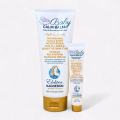 A 150g and 15g white and gold tube of Elektra Magnesium Baby Calm Balm