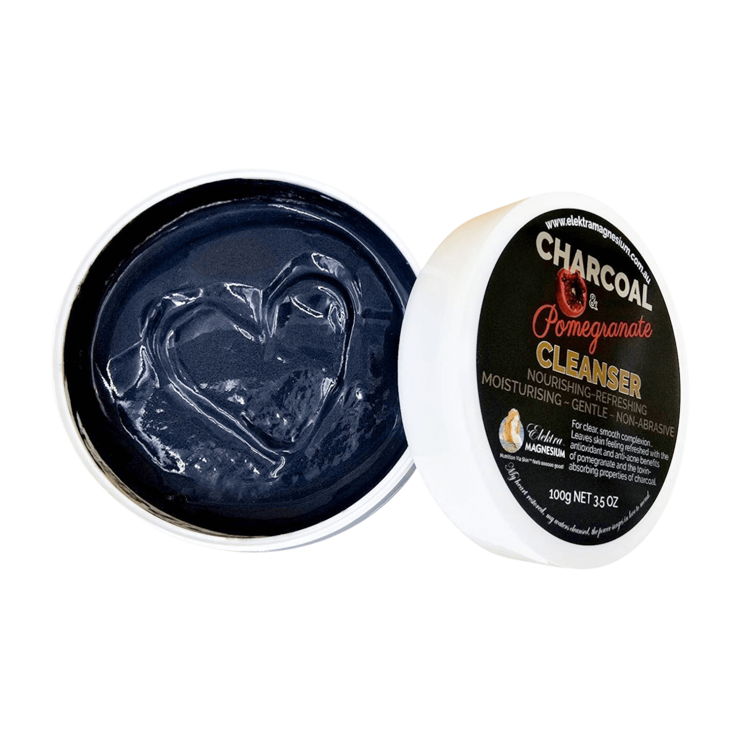 Open container of charcoal-based cleanser with visible branding 