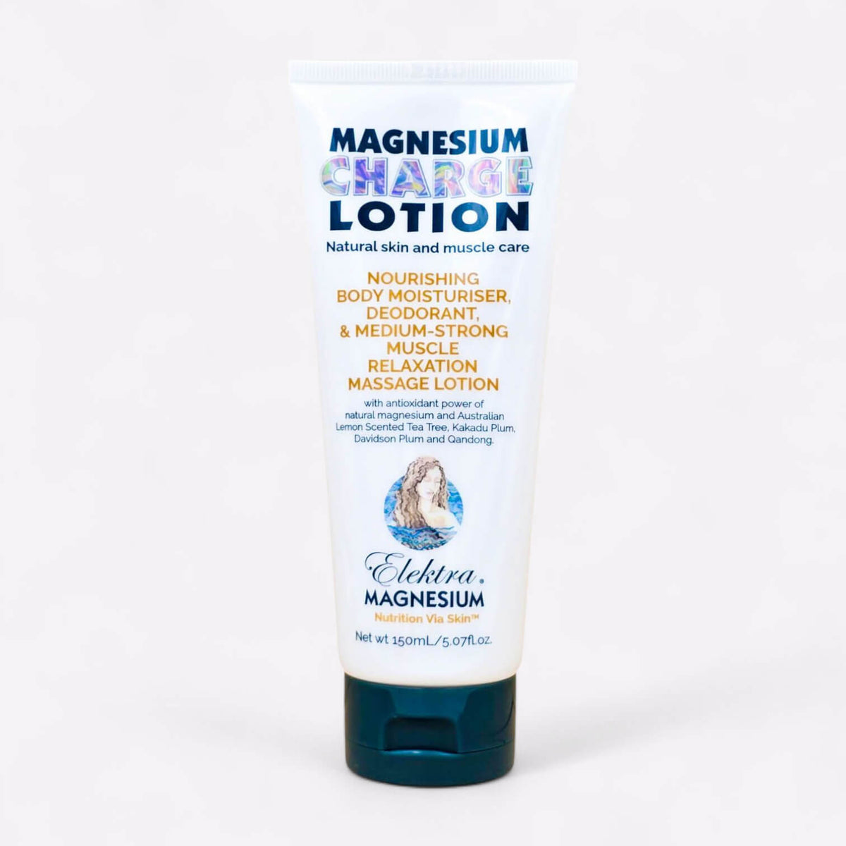 150ml teal and white tube of Elektra Magnesium Charge Lotion, used for muscle relaxation and as a natural deodorant.
