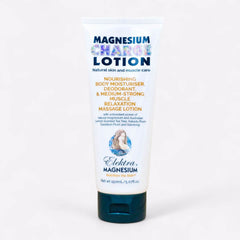 150ml teal and white tube of Elektra Magnesium Charge Lotion, used for muscle relaxation and as a natural deodorant.