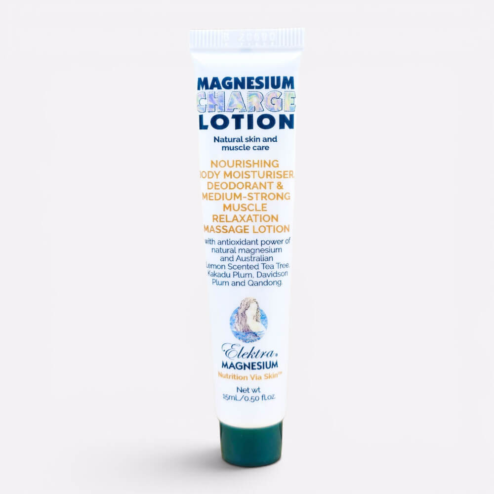 15ml teal and white sample tube of Elektra Magnesium Charge Lotion, used for muscle relaxation and as a natural deodorant.