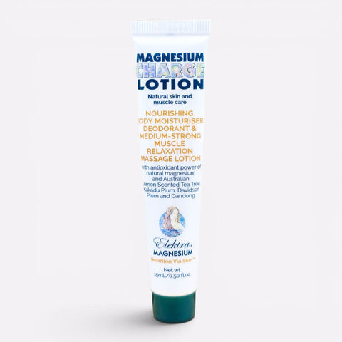 15ml teal and white sample tube of Elektra Magnesium Charge Lotion, used for muscle relaxation and as a natural deodorant.