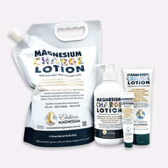 15mL tube, 150mL tube, 500mL tube and 2L teal and white Refill bag of Elektra Magnesium Charge Lotion, used for muscle relaxation and as a natural deodorant.