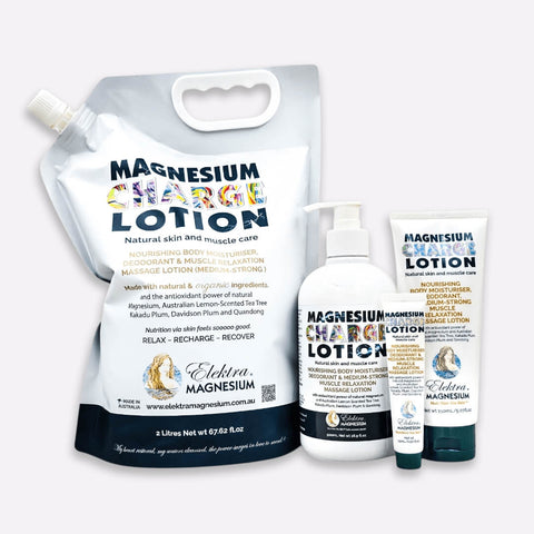15mL tube, 150mL tube, 500mL tube and 2L teal and white Refill bag of Elektra Magnesium Charge Lotion, used for muscle relaxation and as a natural deodorant.