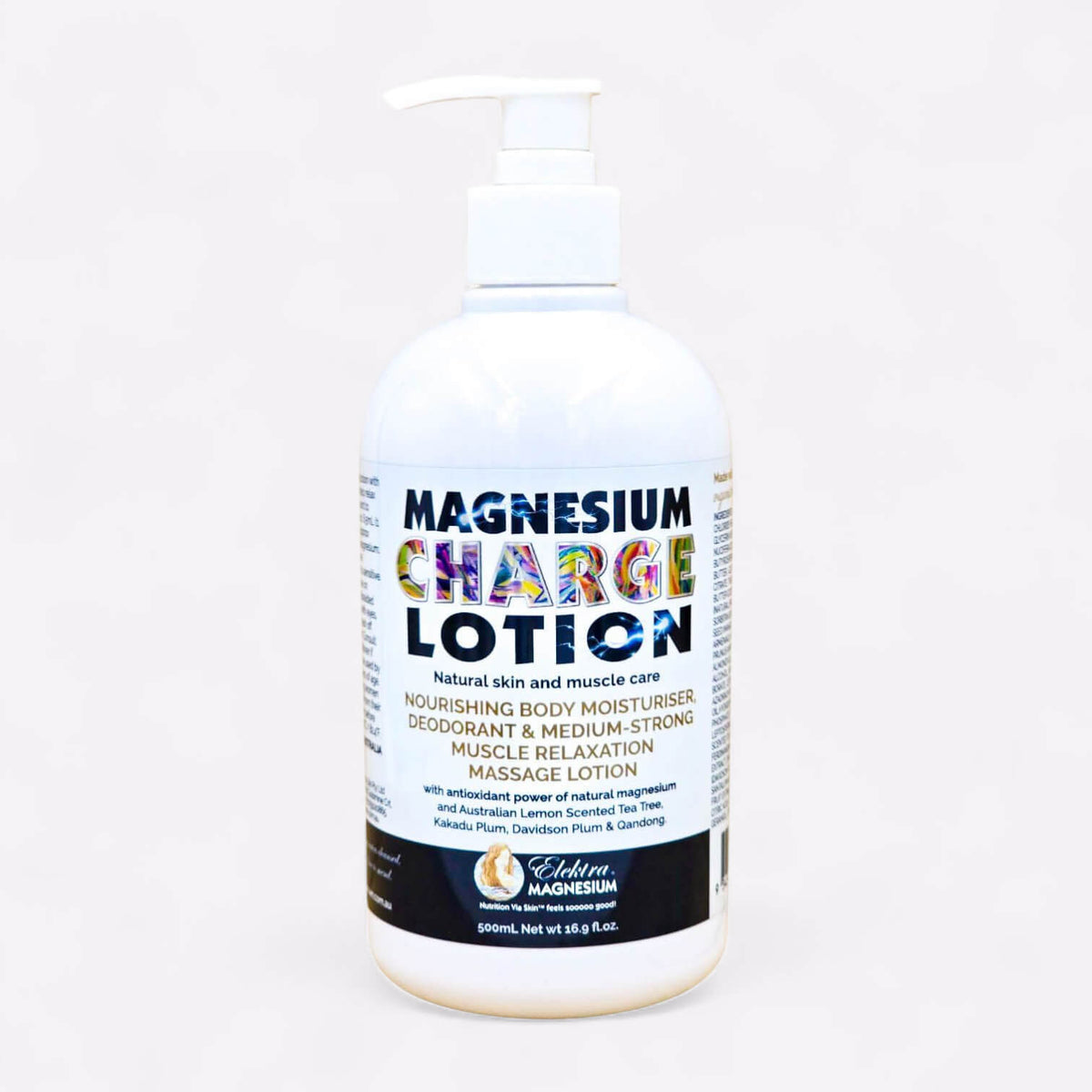 500ml teal and white pump bottle of Elektra Magnesium Charge Lotion, used for muscle relaxation and as a natural deodorant.