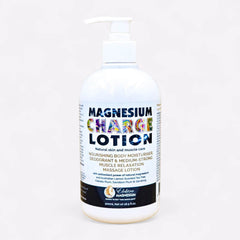 500ml teal and white pump bottle of Elektra Magnesium Charge Lotion, used for muscle relaxation and as a natural deodorant.