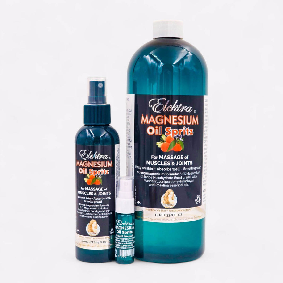 group of blue bottles of high-strength Elektra Magnesium Oil Spritz for targeted muscle relief.