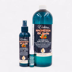 group of blue bottles of high-strength Elektra Magnesium Oil Spritz for targeted muscle relief.
