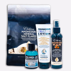 A heavy duty bundle of Elektra Magnesium products for athletes or those with high end magnesium needs including bath salts, mineral drops, a oil spritz and lotion