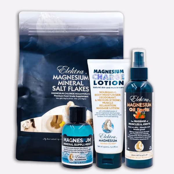 A heavy duty bundle of Elektra Magnesium products for athletes or those with high end magnesium needs including bath salts, mineral drops, a oil spritz and lotion