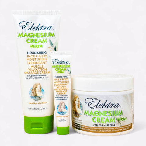 Silky, rich Elektra Magnesium Herbal Cream with essential oils of ylang ylang and patchouli, used as a natural body moisturiser.