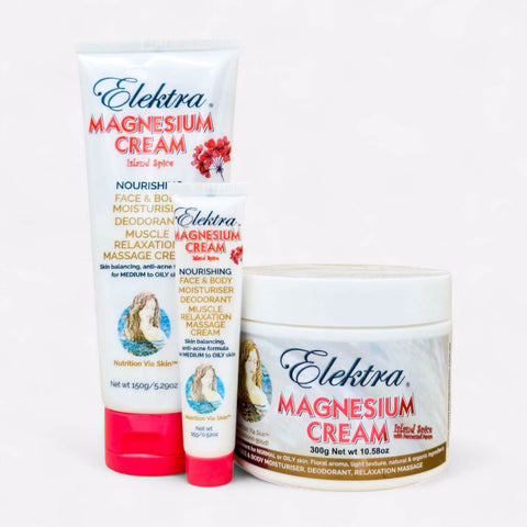 A 300g jar, 15g tubes and 150g white and pink tube of Elektra Magnesium Island Spice Cream