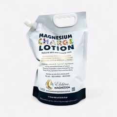2L teal and white refill bag of Elektra Magnesium Charge Lotion, used for muscle relaxation and as a natural deodorant.