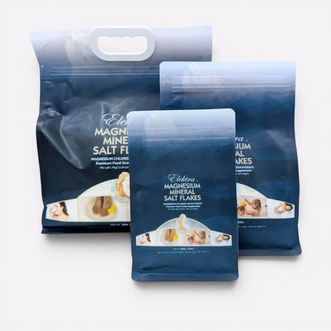 A group of 250g, 1kg and 4kg blue bags of Elektra Magnesium food grade Magnesium Chloride Bath Flakes