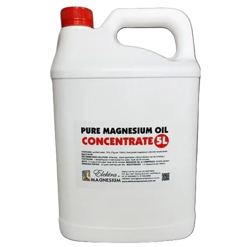 White container of pure magnesium oil concentrate with red cap on a white background