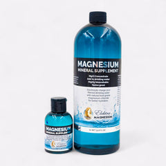 100ml and 1L blue bottle of Elektra Magnesium Mineral Drops for drinking water.