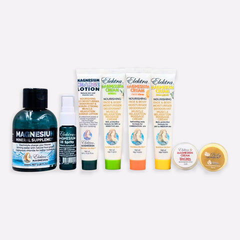 A mini group of the smallest of all creams, lotion, spray and mineral drops from Elektra Magnesium products as a starter sampler bundle