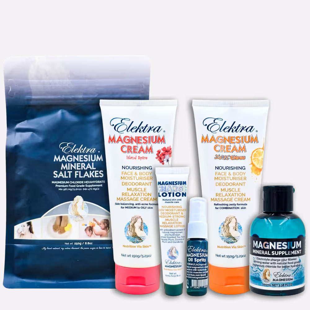 a bundle of elektra magnesium products for normal to oily or combination skin