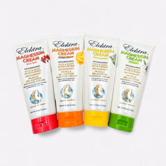 A rainbow pack of 4 of each variation of Elektra Magnesium Cream in pink, orange, yellow and green 150g tubes