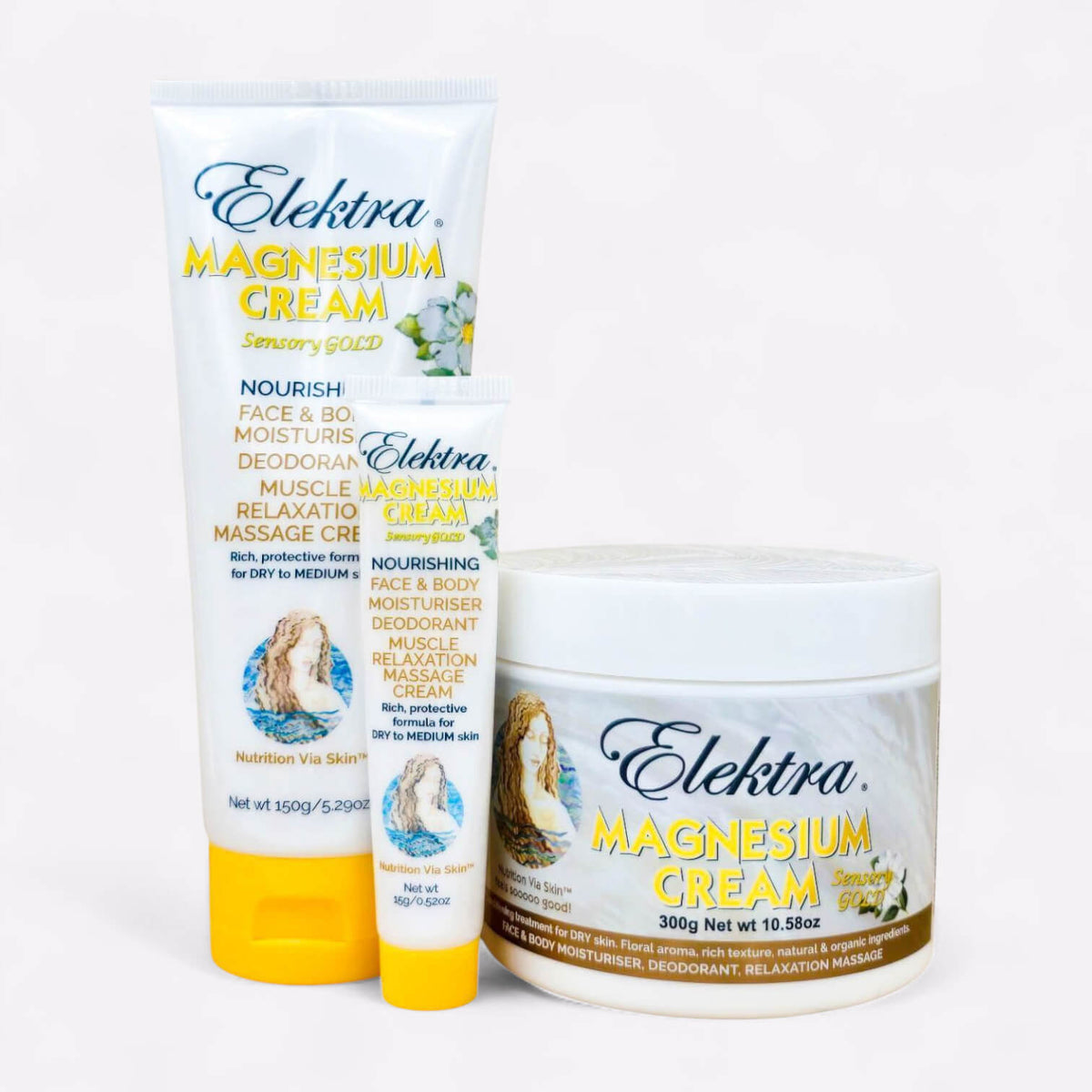 A 300g jar, 150g tube and 15g tube of Elektra Magnesium Sensory Gold Cream