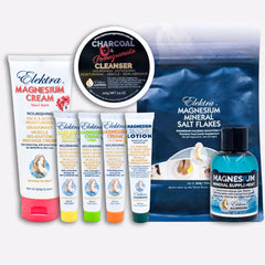 A starter bundle of Elektra Magnesium products for teenagers and adults including bath salts, mineral drops, a cleanser, lotion and magnesium cream