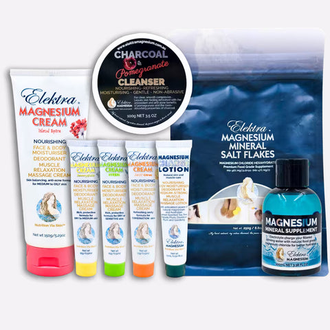 A starter bundle of Elektra Magnesium products for teenagers and adults including bath salts, mineral drops, a cleanser, lotion and magnesium cream