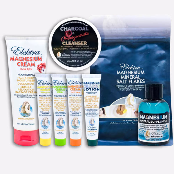A starter bundle of Elektra Magnesium products for teenagers and adults including bath salts, mineral drops, a cleanser, lotion and magnesium cream