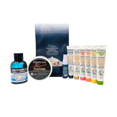 Collection of magnesium skincare and wellness products including bottles, jars, and bags